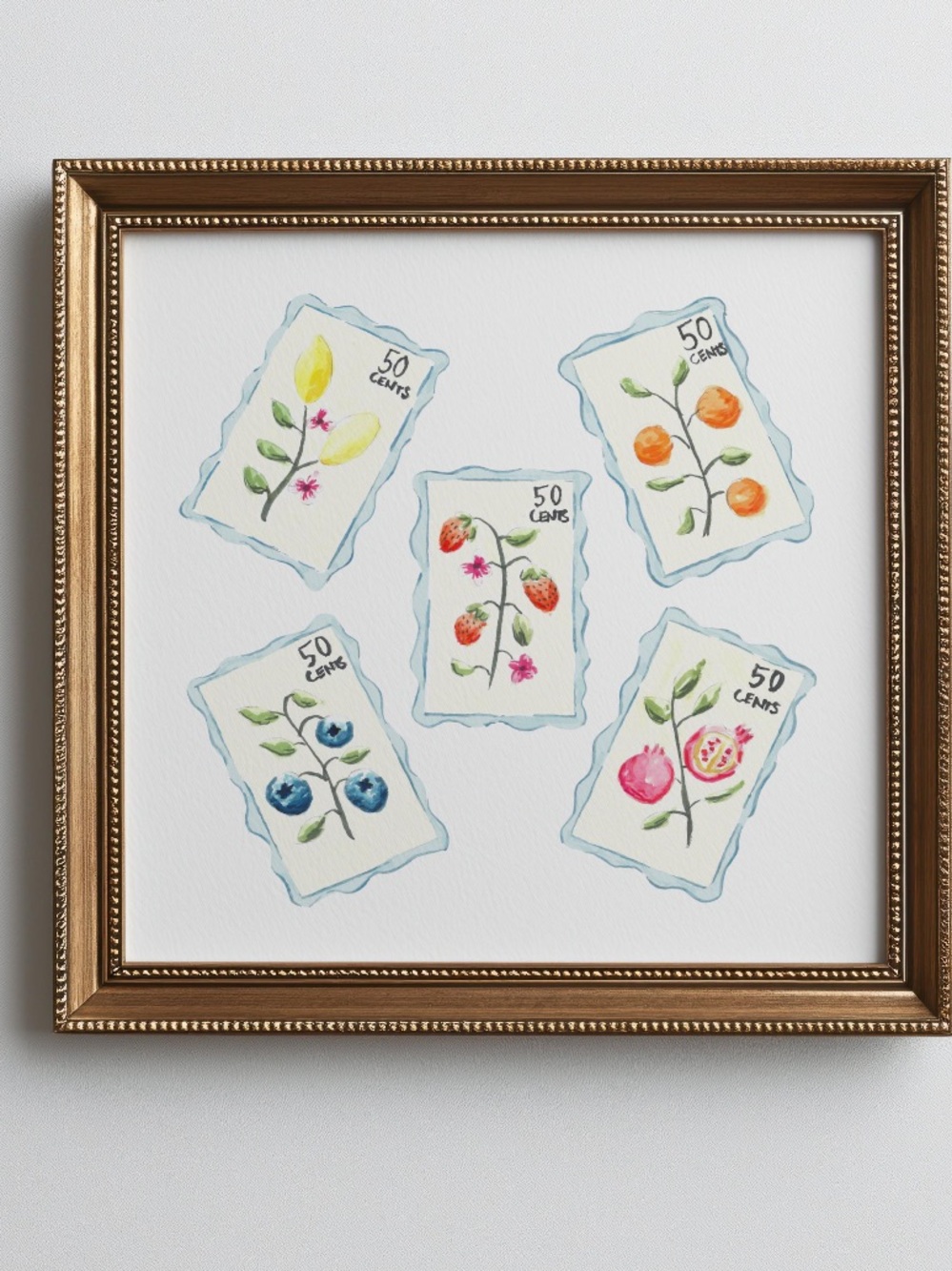 5 Fruit Stamp Watercolor Fine Art Print. Kitchen Wall Art. 8x8 inches